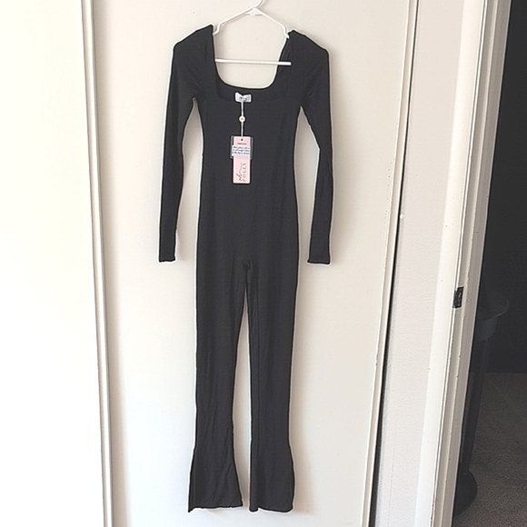 Oh Polly Pants - Oh Polly Womens 2 Jett Long Sleeve Square Neck Jumpsuit Black Baddie City Party